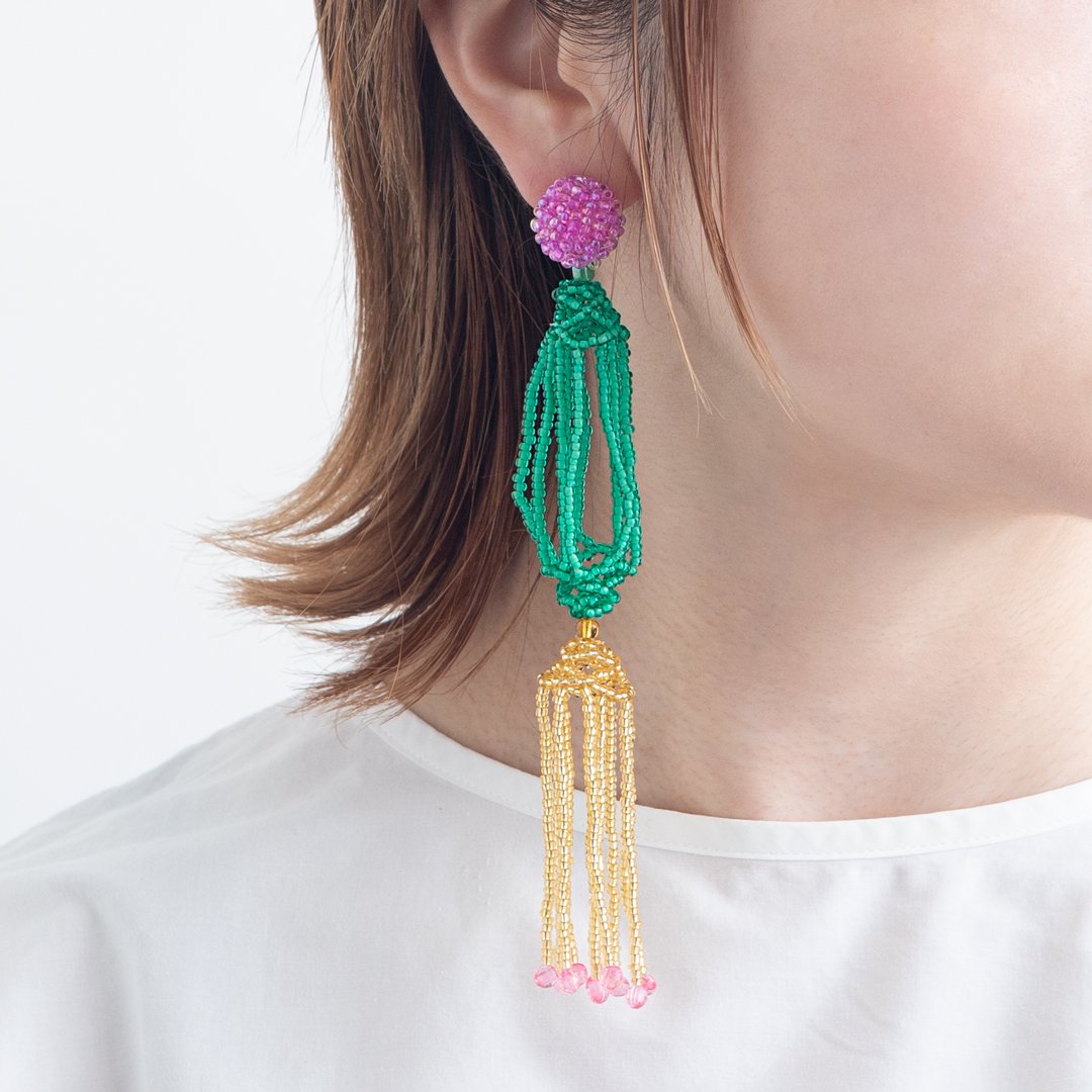 TASSEL EARRING EMERALD GREEN GOLD - designsix ONLINE SHOP