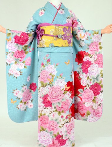 成人式 振袖 レンタル K8159 中野浩道 水色地ピンク大牡丹 - 振袖の格安ネットレンタル店∥成人式用に付属品もセットでレンタルします。