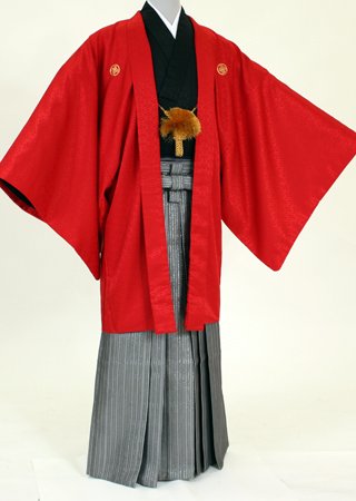 成人式 卒業式 紋付袴 レンタル 男性 M101/H101 黒長着赤羽織/シルバー
