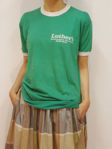 グリーンの胸プリントのリンガーTシャツ｜古着の通販｜大人のための 