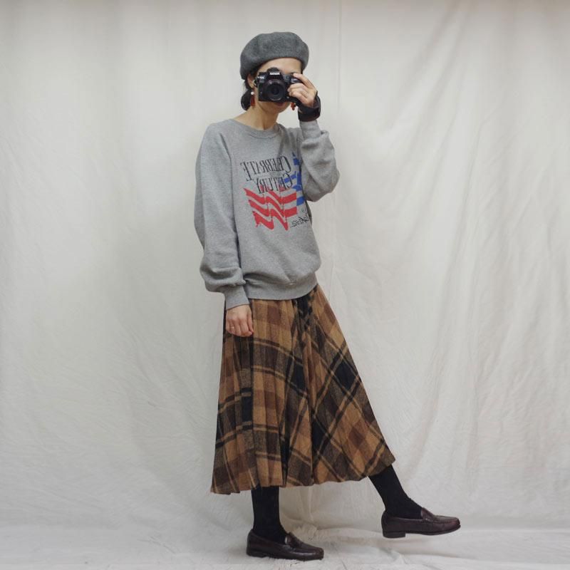 古着 レディース ウールスカート プリーツ チェック ブラウン