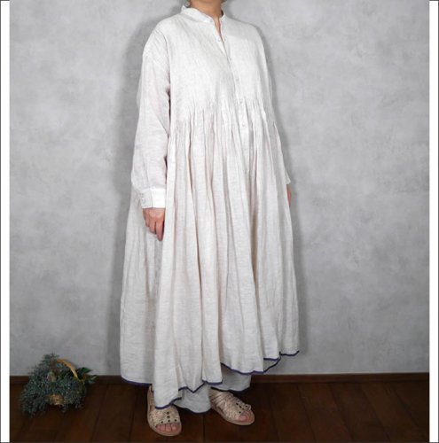 maison de soil メゾンドソイル/ INMDS22005 80's Handwoven Linen Plain Banded Shirt Dress with Mini Pintuck