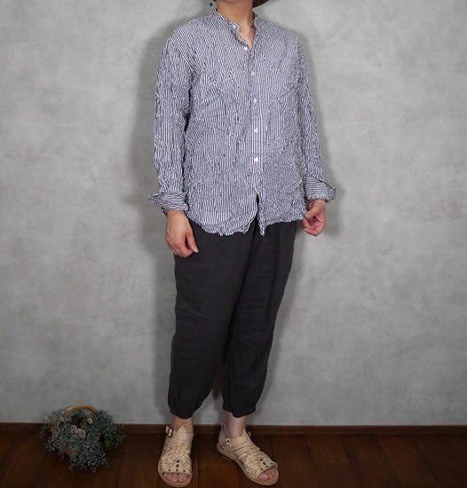 Vas-y Lentement, ヴァジーラントマン, NVL1951BSW, Cotton Stripe Banded Collar  Oversized Shirt