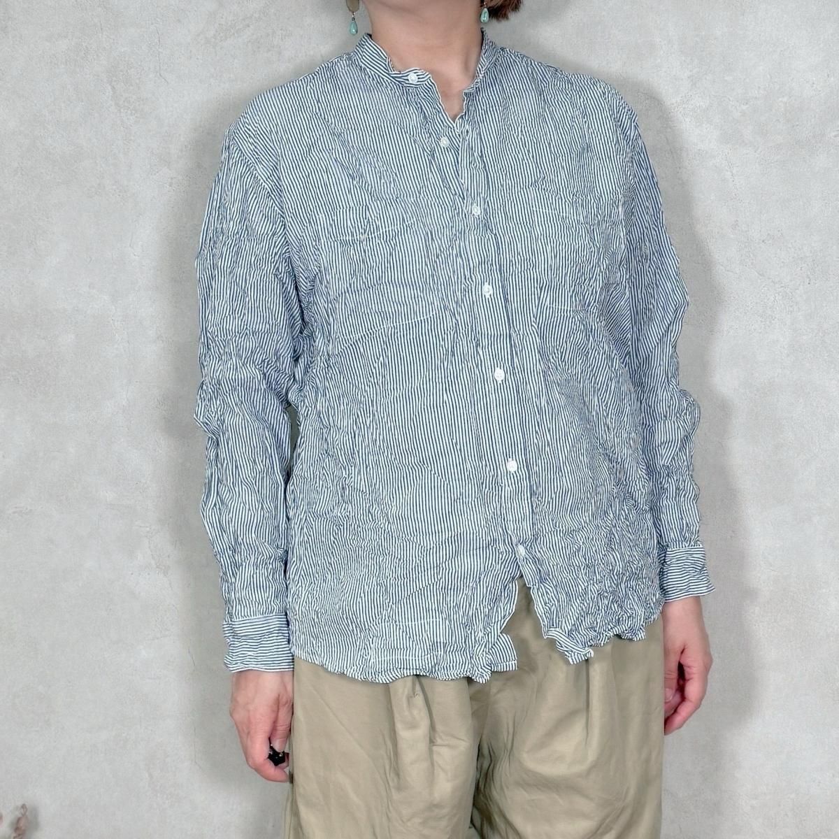 <img class='new_mark_img1' src='https://img.shop-pro.jp/img/new/icons11.gif' style='border:none;display:inline;margin:0px;padding:0px;width:auto;' />Vas-y Lentement / NVL2582SW Yarn Dyed Cotton Stripe Banded Collar Long Sleeve Oversized Shirt