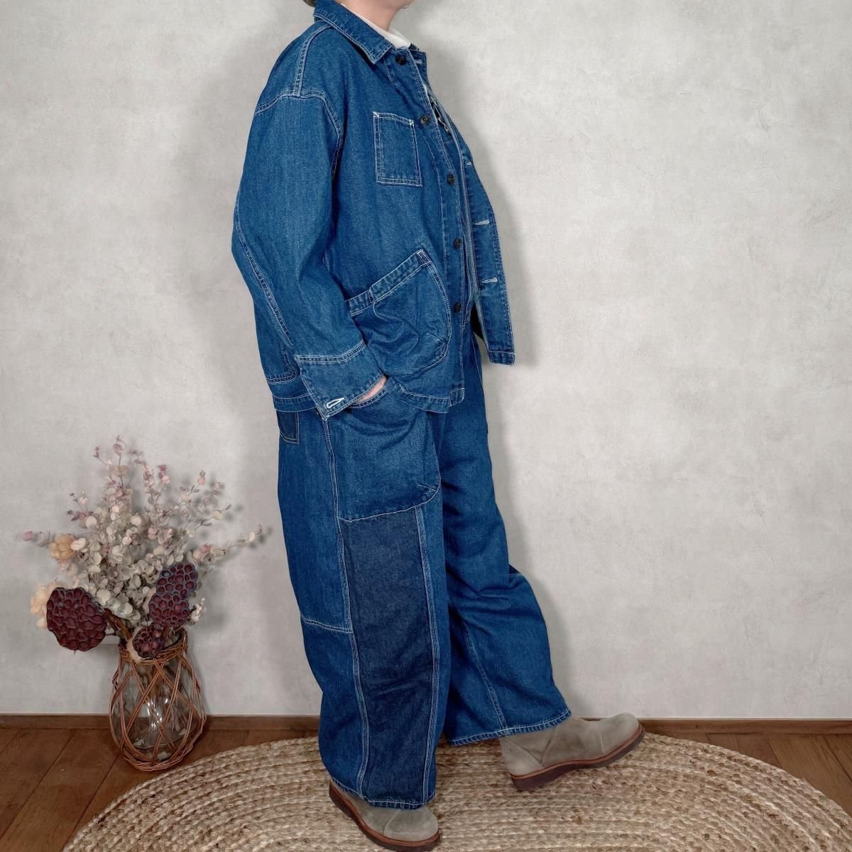 ツムグ tumugu 綿麻イージーデニムパンツ　インディゴ　美品 ツムグ tumugu 綿麻イージーデニムパンツ インディゴ 美品