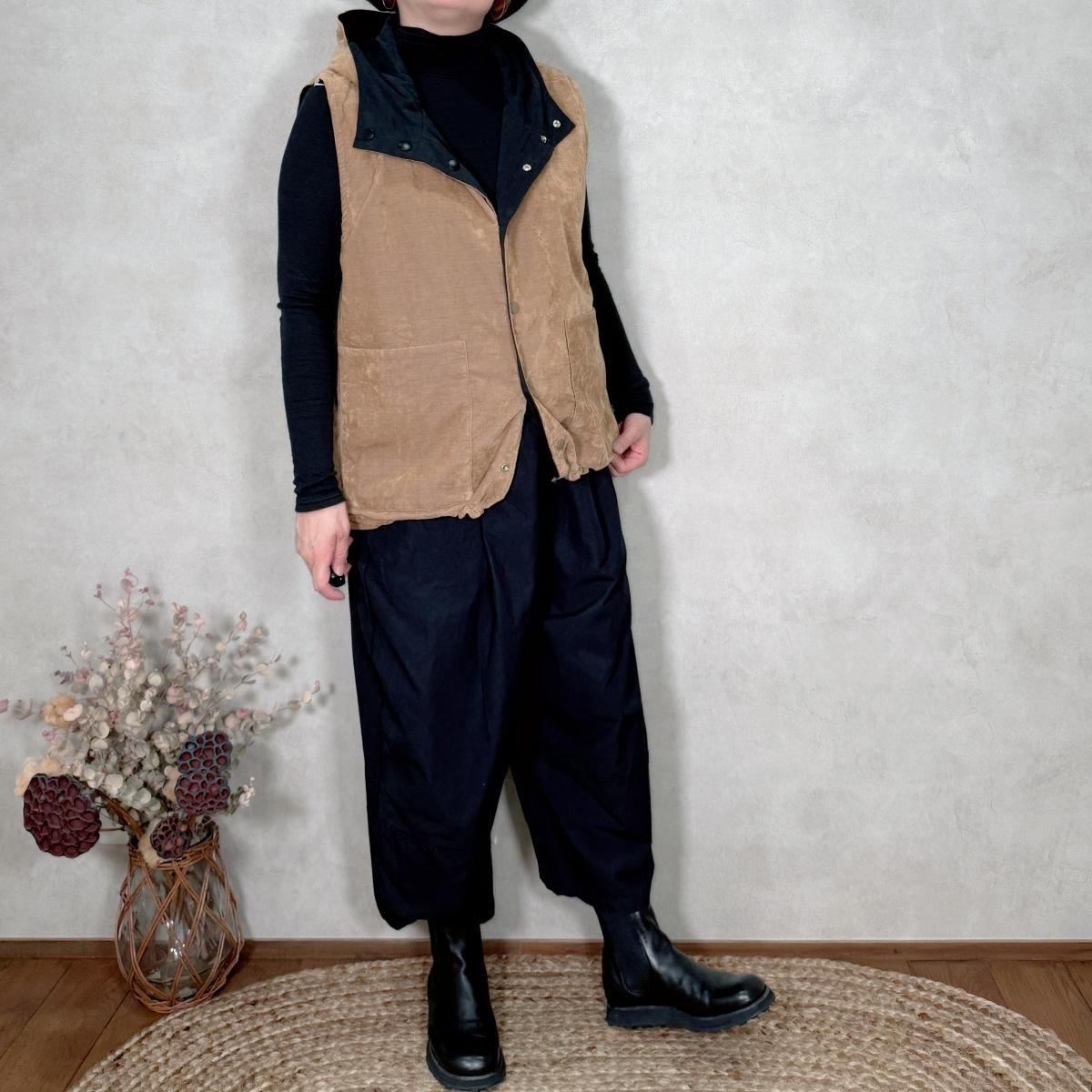 ❤リバーシブル ❤dopタンバリン【black✕black】&ラビットボアベスト ❤ポケット付き❤dopタンバリン&ラビットボア リバーシブルベスト aa