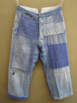cir.1930's blue linen  cotton work trousers patched I