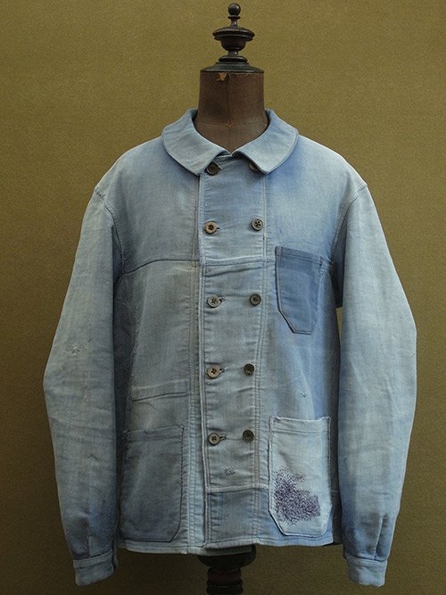 1930's double breasted blue moleskin work jacket "patched" - フレンチ