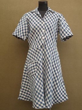 ~1950's indigo checked linen S/SL dress