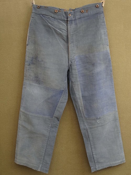 cir.1930's patched blue moleskin work trousers 