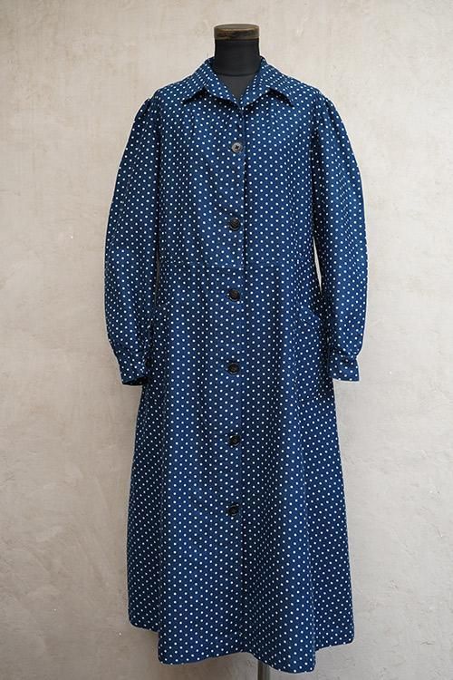 アンティーク生地　インディゴドット柄 cir.1940's dots printed indigo cotton work dress / coat dead