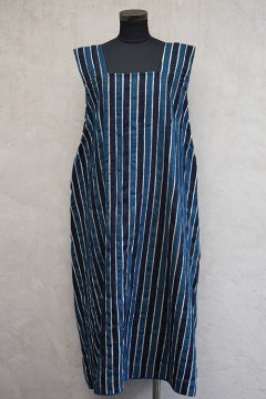 cir.1930's-1950's indigo striped N/SL dress ”wool × linen