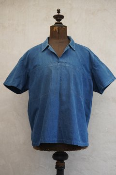 cir. 1930's indigo linen cotton pullover shirt S/SL
