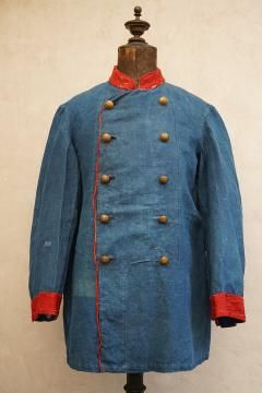 cir. 19th c. indigo linen double breasted firefighter jacket
