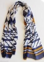 Etro Milano Italy Long Scarf Linen Silk Modal Navy Blue White Brown