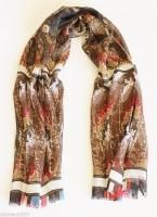 Etro Milano Italy Linen Paisley Long Scarf Brown Red Black Italian Metallic
