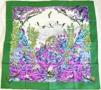 NIB 100% Authentic Hermes 90cm Silk Scarf Sichuan in green/ violet