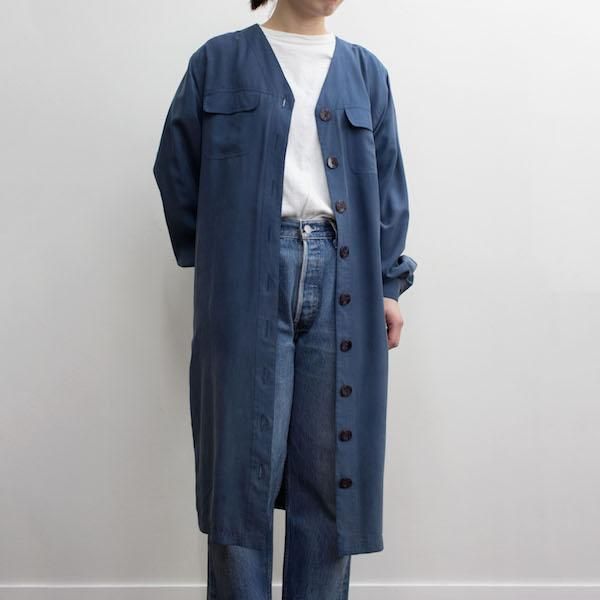 レディース 80 S ヴィンテージ シルクロングシャツ ノーカラー ワンピース ダークブルー レディース 渋谷古着屋 通販 Mericca Webストア レディース 80 S ヴィンテージ シルクロングシャツ ノーカラー ワンピース ダークブルー レディース 渋谷古着屋 通販 Mericca Webストア