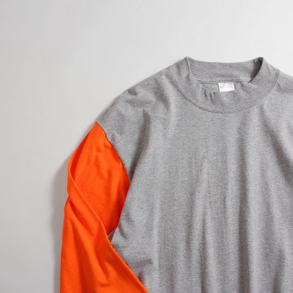 メンズ] 切り替え ロングTシャツ 杢グレーxネオンオレンジ ロンT