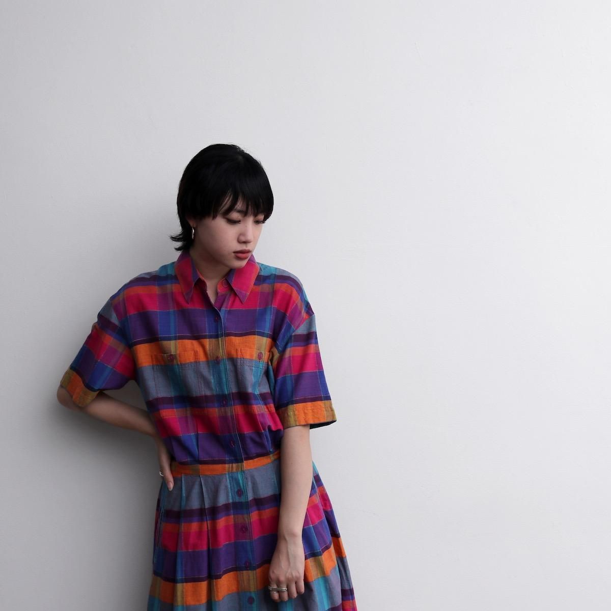 30 Off Sale レディース 1990s マドラスチェック柄 コットン シャツワンピース 半袖 前開き