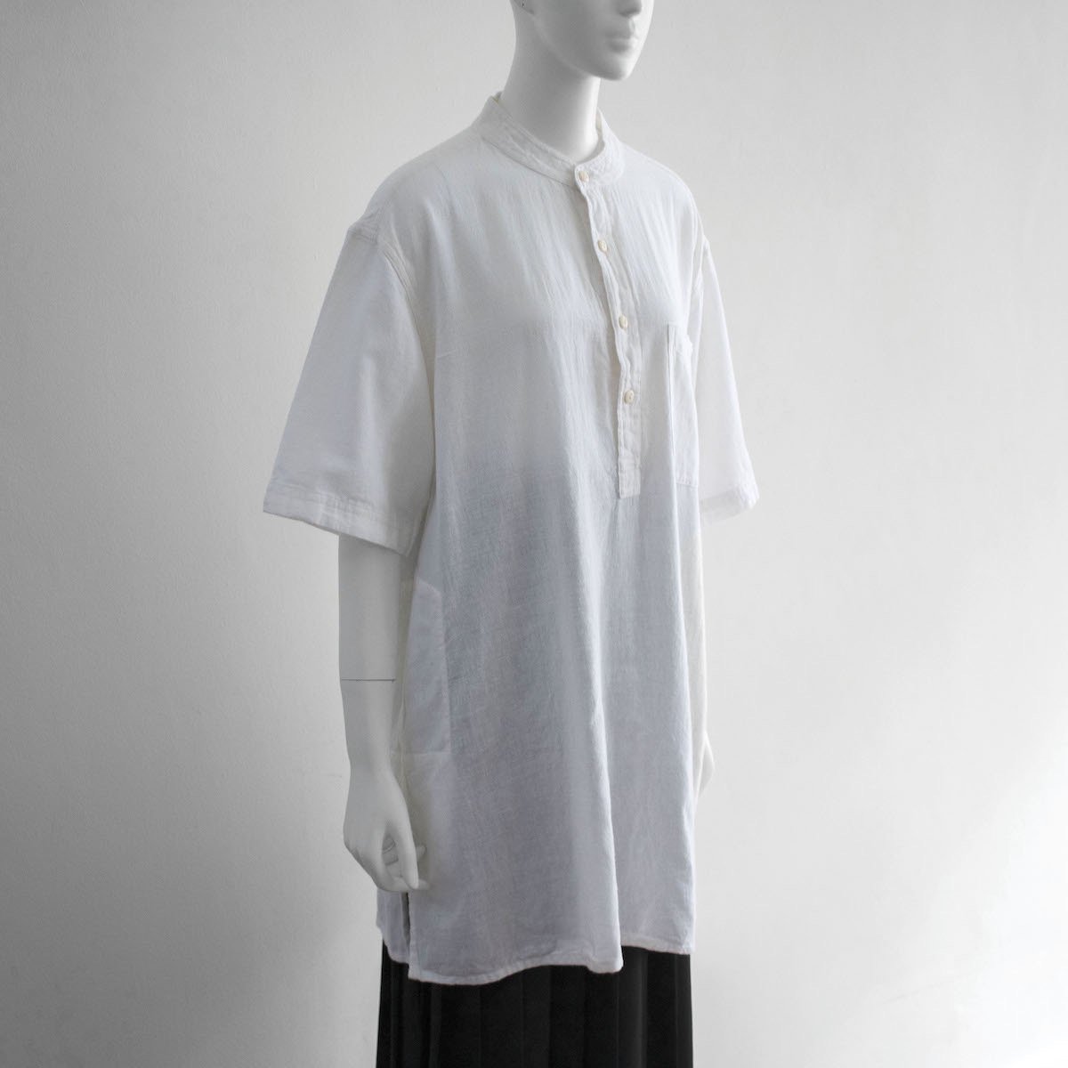 レディース インド綿 バンドカラー ロングシャツ ガーゼ チュニック 半袖 オフホワイト