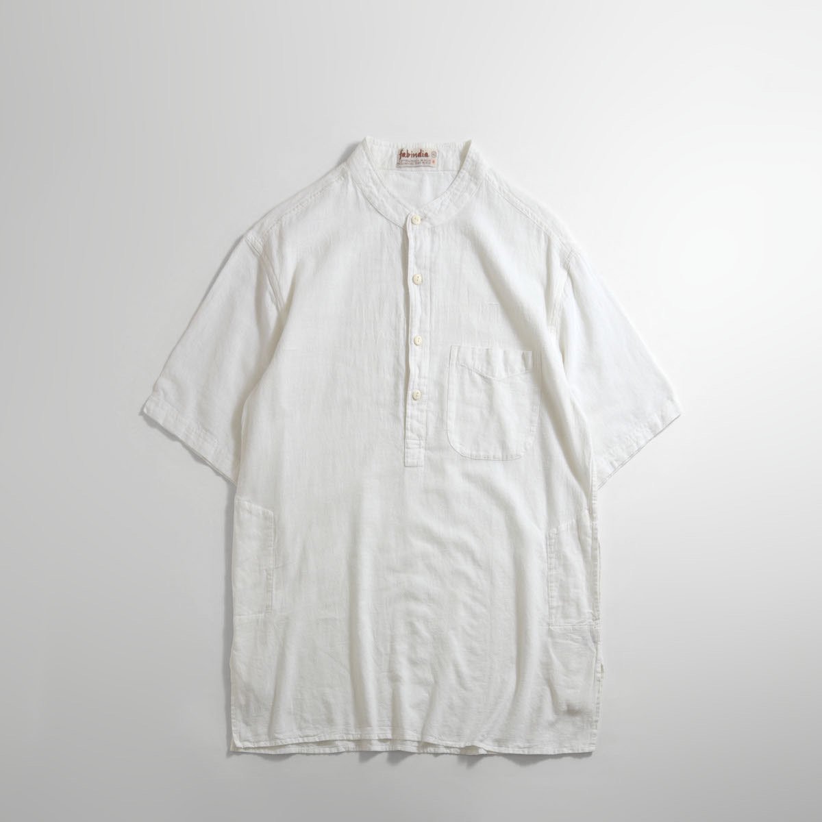 レディース インド綿 バンドカラー ロングシャツ ガーゼ チュニック 半袖 オフホワイト