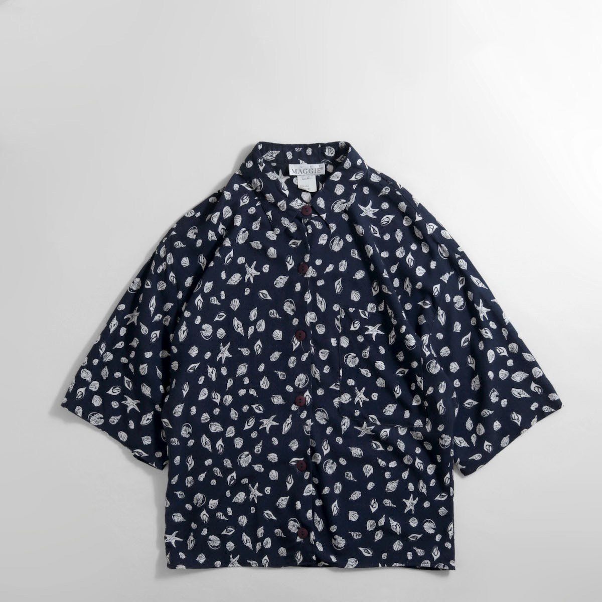 レディース] ~1990s USA製 シェル柄 シャツ 半袖 貝 ネイビー