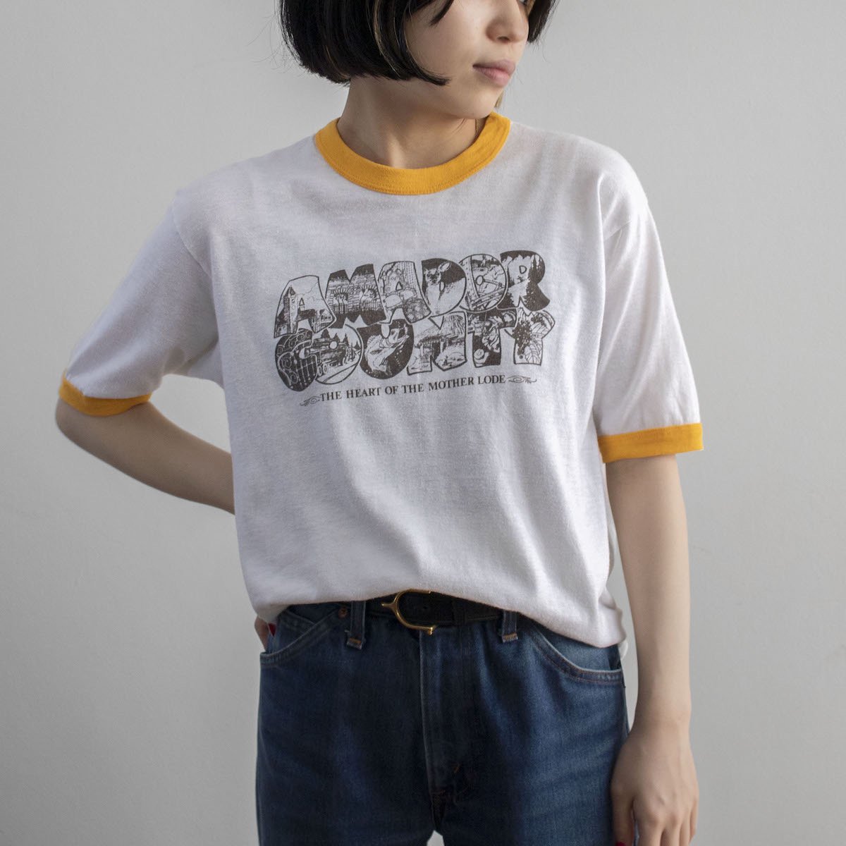 SizeS リンガーTシャツ 両面プリント 白×オレンジ 古着 古着屋 高円寺 