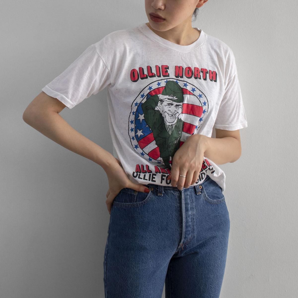 レディース 1980s ヴィンテージ パキ綿 オリバーノース ミリタリー プリントtシャツ ホワイト パキスタンコットン レディース 1980s ヴィンテージ パキ綿 オリバーノース ミリタリー プリントtシャツ ホワイト パキスタンコットン