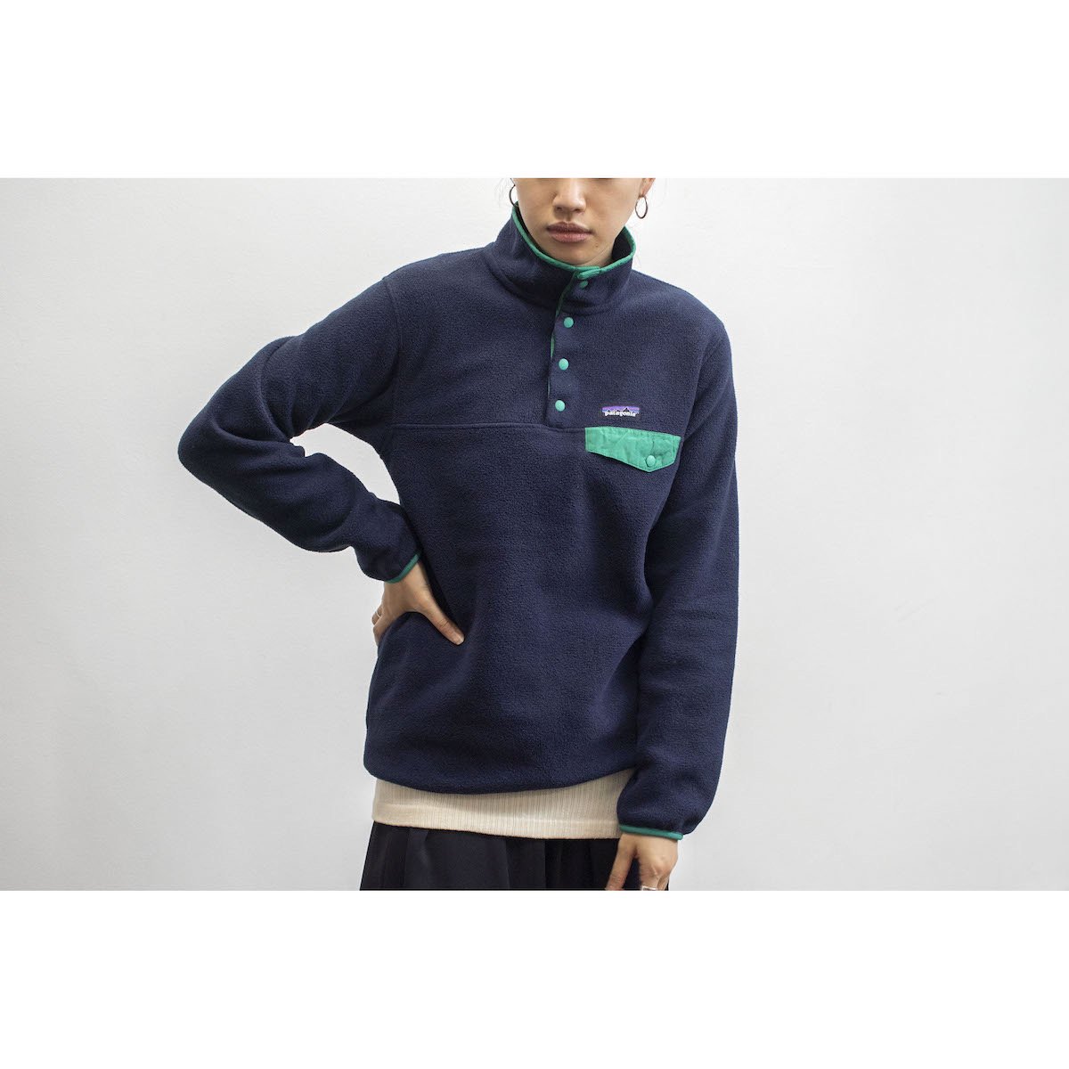 レディース パタゴニア スナップ フリース プルオーバー ネイビー X グリーン Patagonia