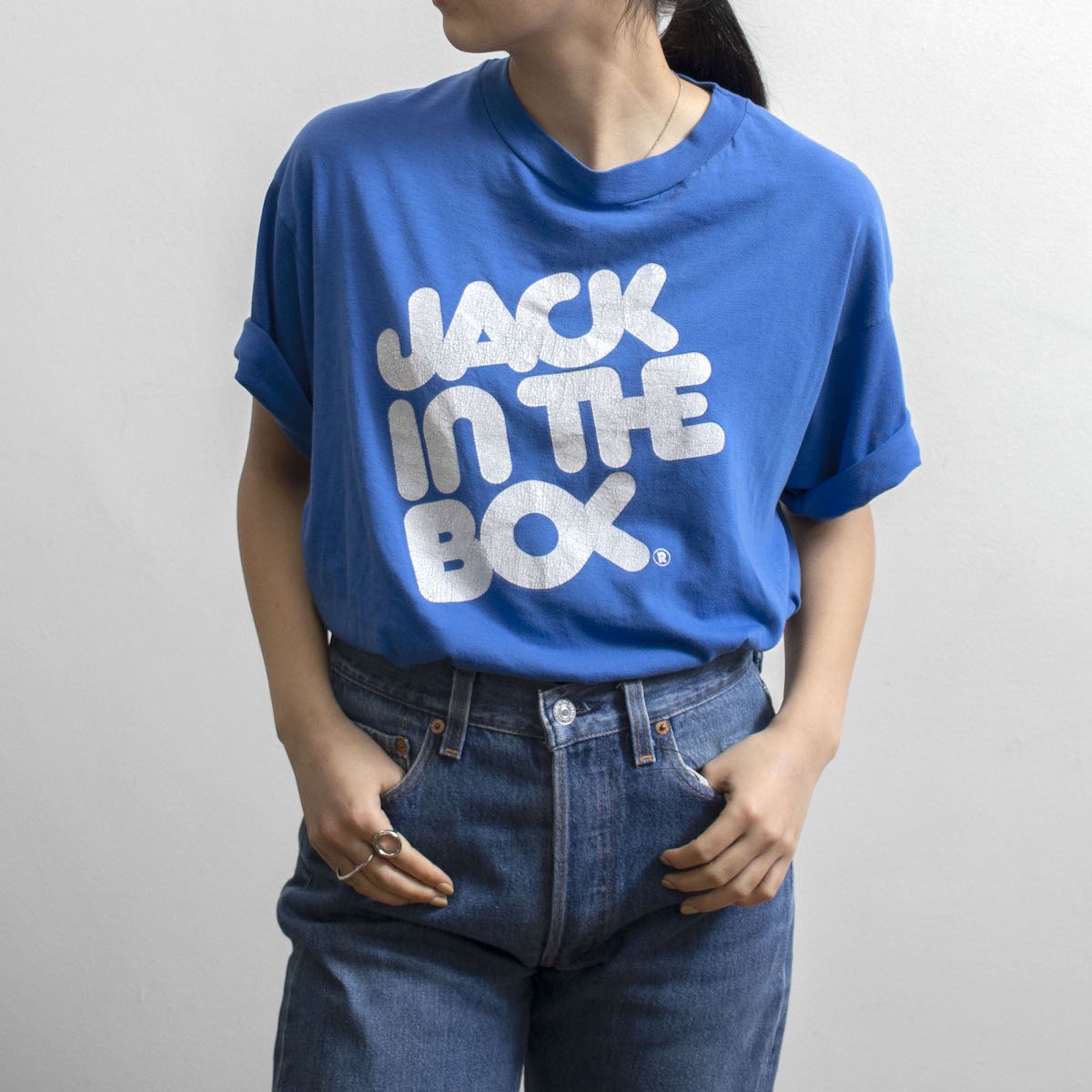 レディース 1980s ヴィンテージ Usa製 ビッグサイズ Jack In The Box ハンバーガーショップ プリントtシャツ ヘインズ ブルー Hanes 8140 25