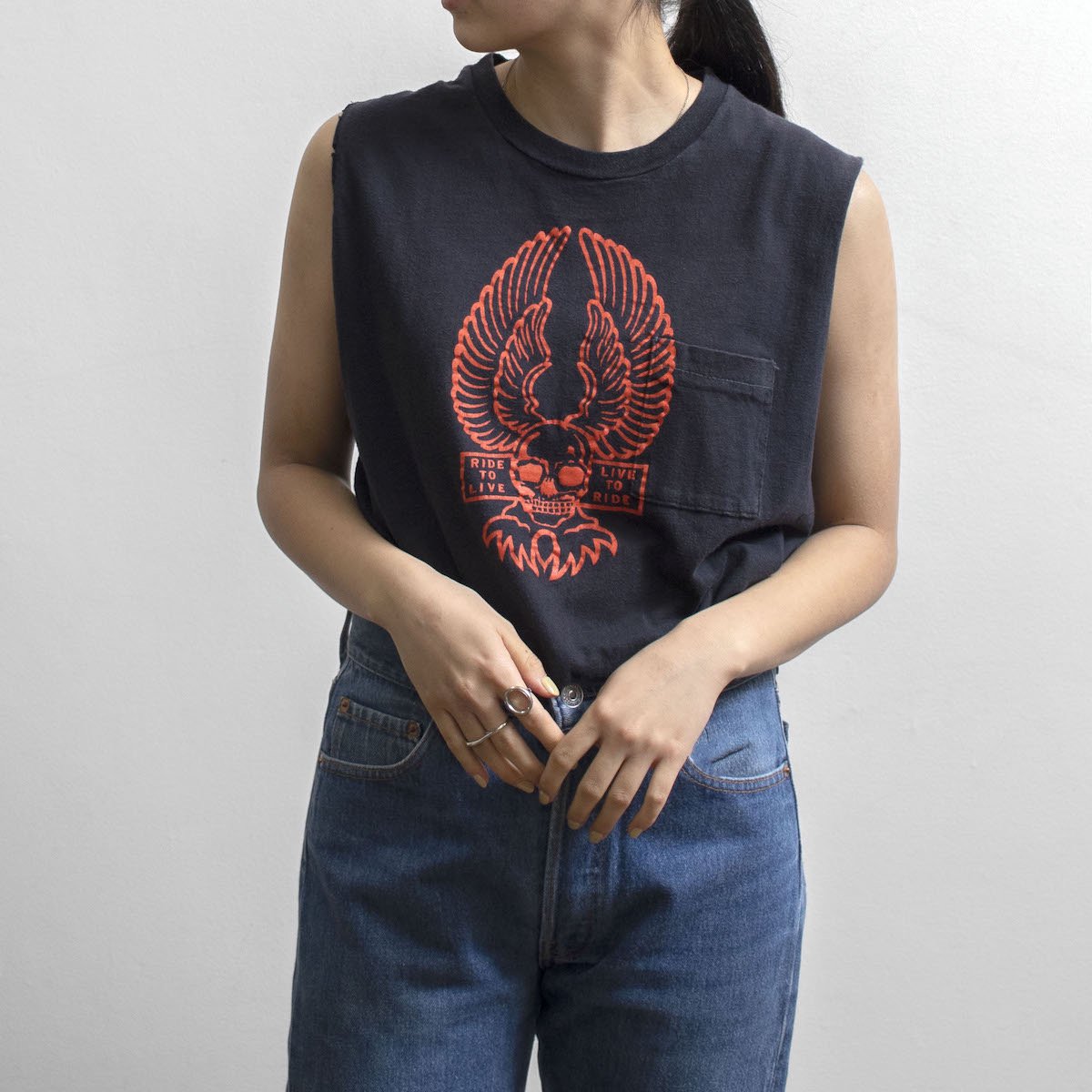 レディース] 1980s ヴィンテージ USA製 RIDE TO LIVE ハーレーダビッドソン スカルウィング Tシャツ カットオフ ブラック [ HARLEY-DAVIDSON] 8140-6