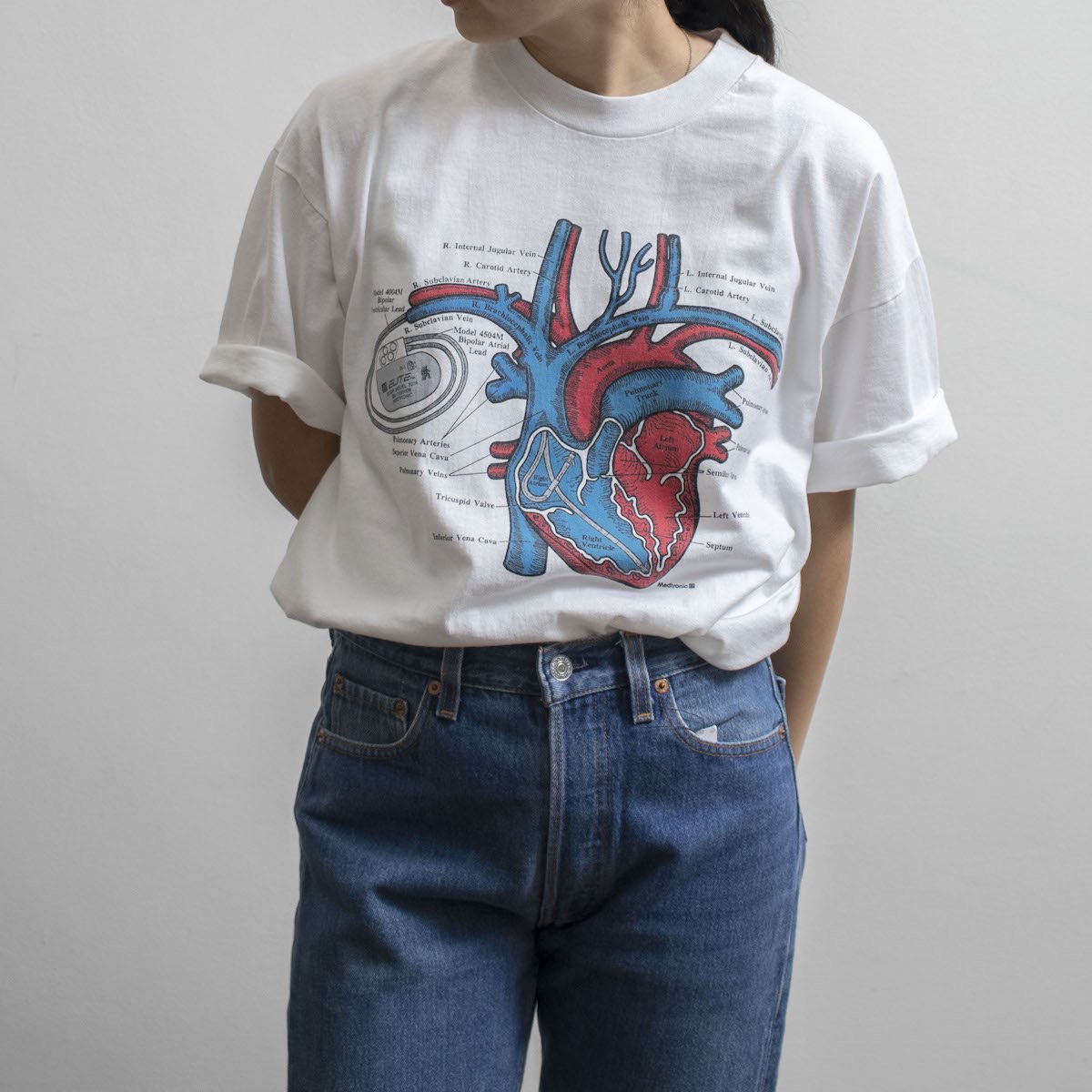 レディース 1980s ヴィンテージ ビッグサイズ だまし絵 心臓 プリントtシャツ ヘインズ 両面 ホワイト Hanes 8140 4