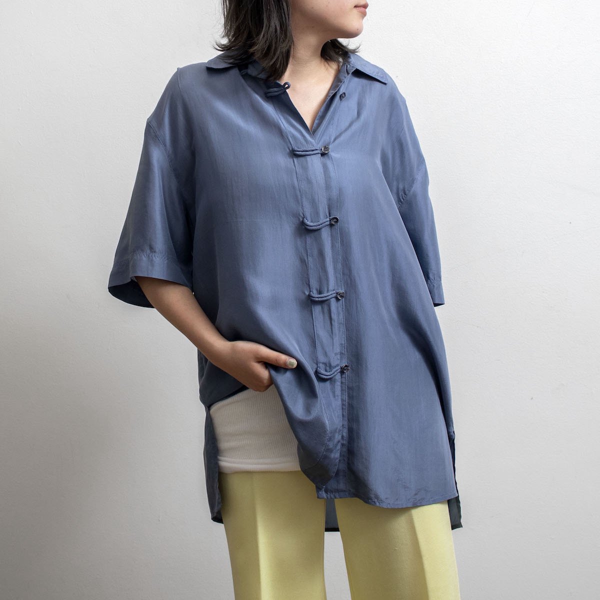 レディース] 1990s ビッグサイズ シルク チャイナシャツ 半袖 ブルーグレー