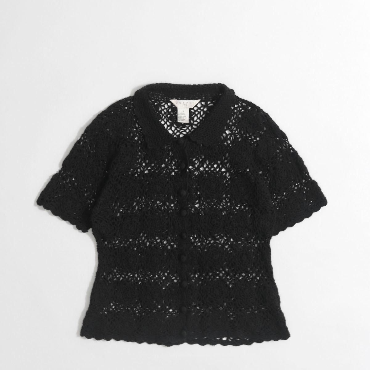 J827 used 鍵編み かぎあみ 半袖 カーディガン トップス ブラック