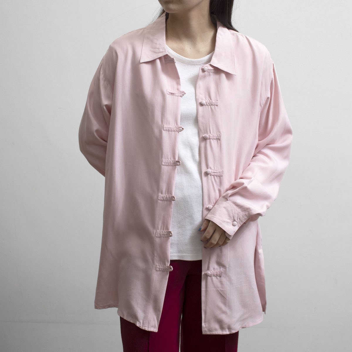 レディース] オーバーサイズ チャイナ シルクシャツ ピンク
