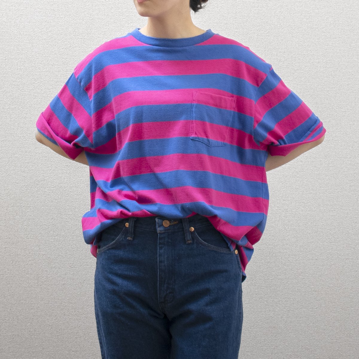 レディース] 1990s USA製 ランズエンド ビッグサイズ ボーダー Tシャツ ピンク×ブルー [LAND'S END]
