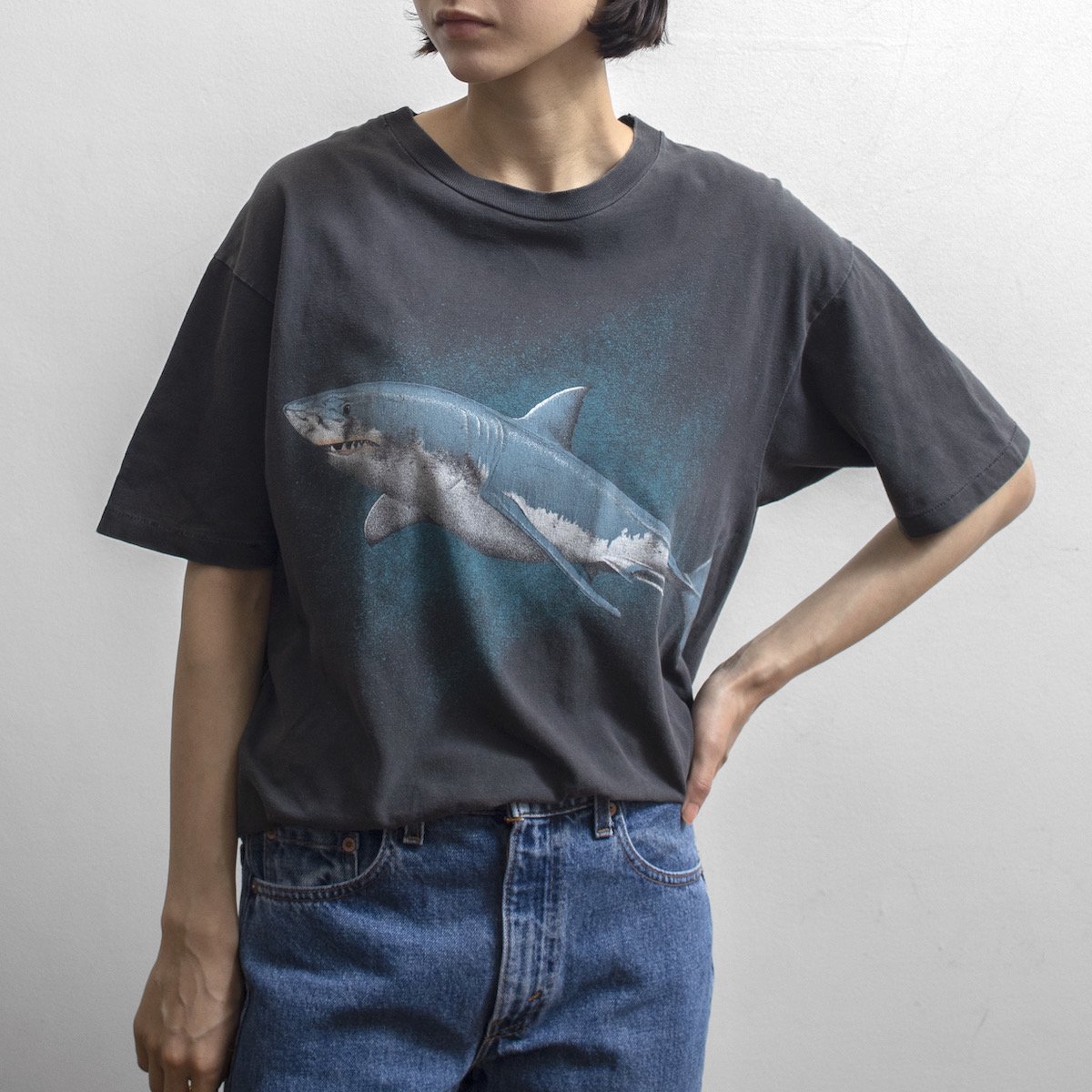 レディース] 1980s ヴィンテージ USA製 サメ プリントTシャツ 墨黒
