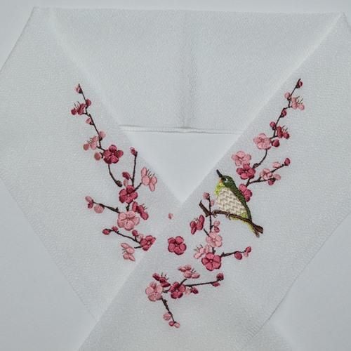 赤梅と鳥（メジロ） - 刺繍半襟 ひめ吉