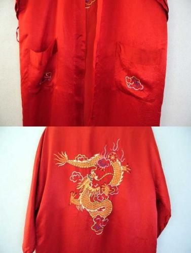 ヨーロッパ古着 ドラゴン刺繍チャイナガウン 赤 サテン