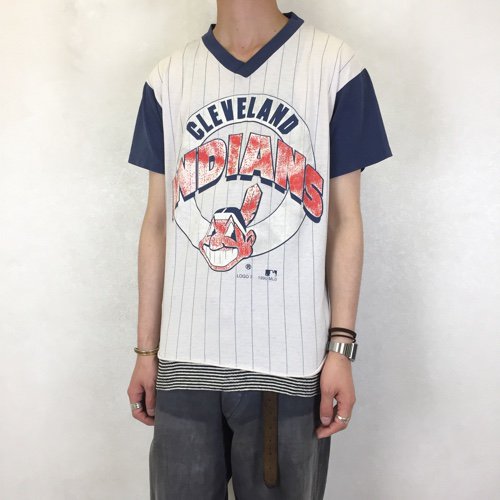 90's LOGO 7 CLEVELAND INDIANS 袖切り替えプリントTシャツ ベース