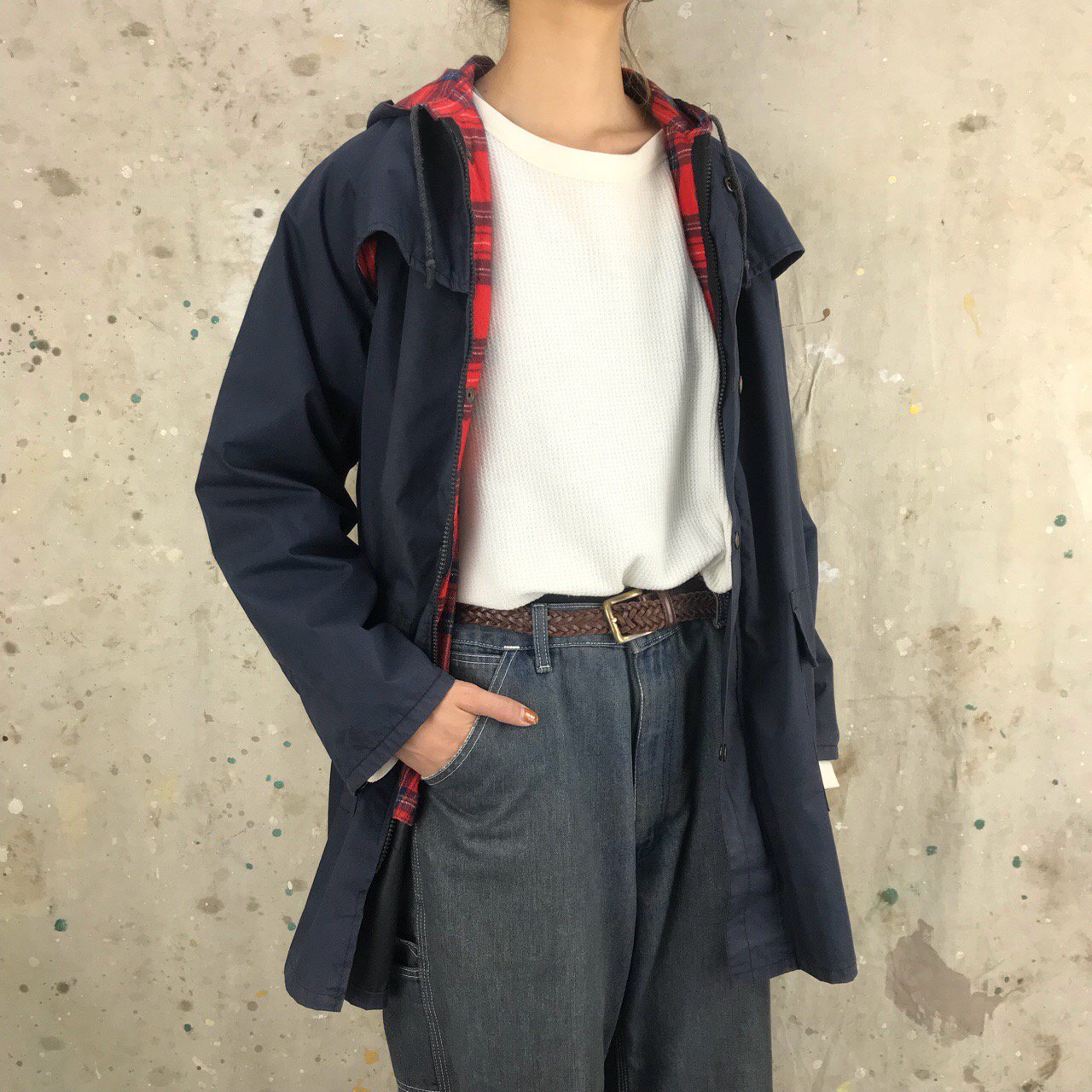 アメリカ古着 OLD Coverall マウンテンパーカー ネイビー 赤 チェック