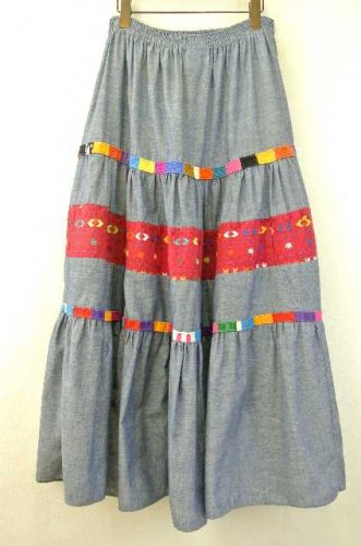 アメリカ古着 ARIA グアテマラ刺繍 シャンブレーロングスカート 