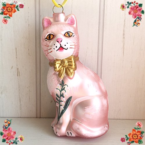 【ナタリー・レテ】オーナメント スタッフォードシャーキャット・ピンク　すずらん猫のオーナメント
