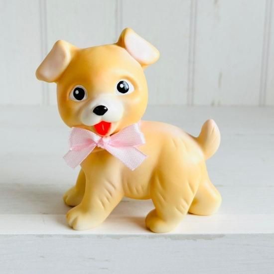 【生産終了品】 番犬くん 動作確認済み ホビー ソフビ レトロ アンティーク レトロドール】デコ犬 パール・ピンク・リボン レトロ・ソフビ人形