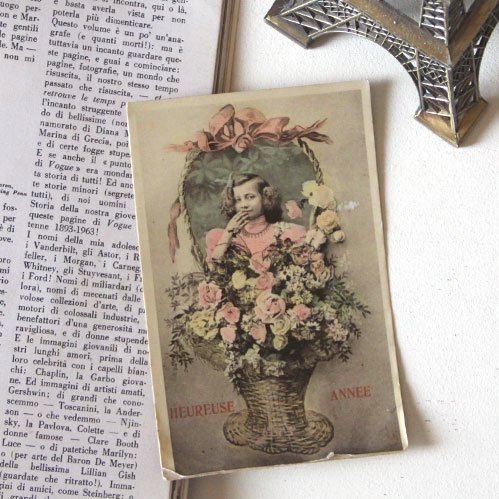 France 花かごの少女 / フランス アンティーク ポストカード