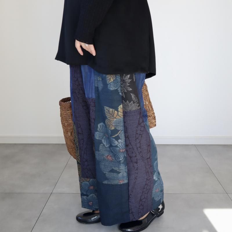 ●ご予約品●紬のワイドパンツ(藍色パッチワーク・M)