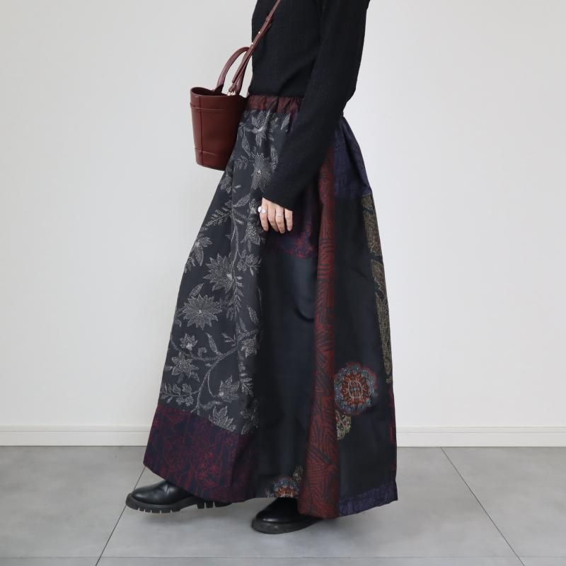 紬のタック入りスカート・マキシ丈(パッチワーク・L)
