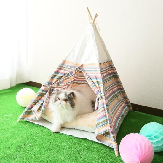 35％OFF】ボーダー柄ティーピーテント ふわふわマット付 - 猫