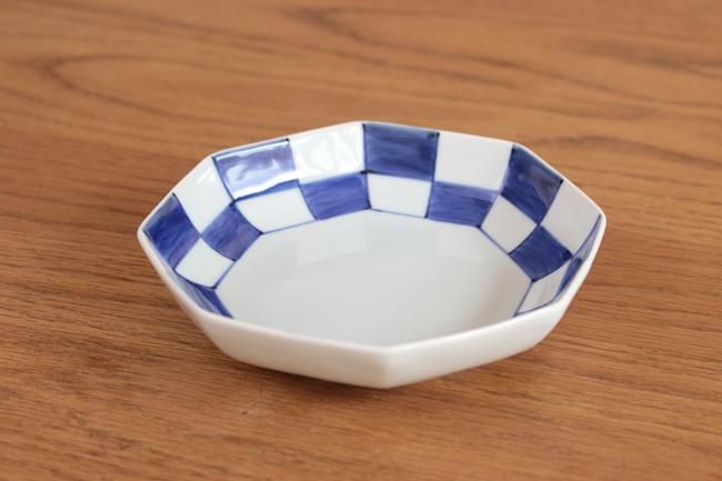 美品 未使用 村田森さん 染付市松角丸皿 美品 未使用 村田森さん 染付